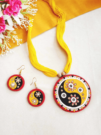Pisces Terracotta Pendant Zodiac Sign Jewelry Set with yellow thread necklace and matching earrings