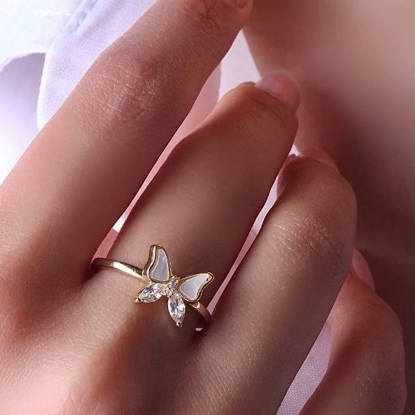 Butterfly Open Ring – Gold Finish CZ & Enamel Adjustable Fashion Ring