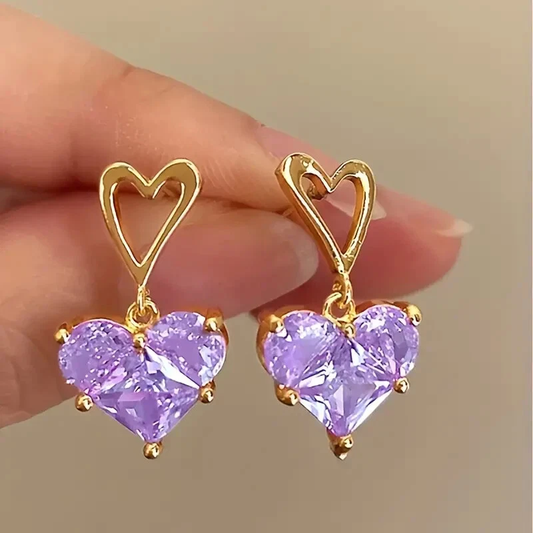 Astria Jewellery Purple Crystal Heart Drop Earrings for Women | Gold Plated Open Heart Stud Earrings | Cute Aesthetic Statement Jewellery for Girls