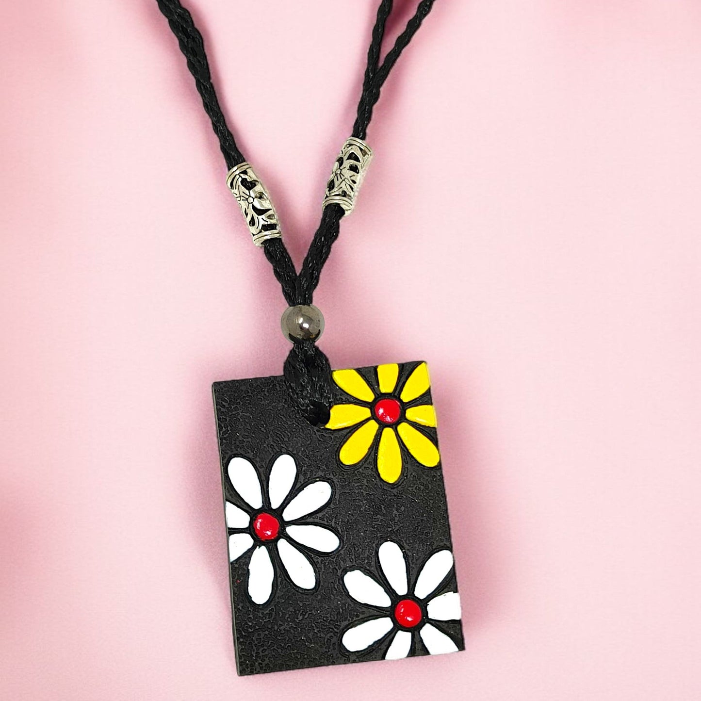 Terracotta Jewelry Set Rectangle Handmade Floral Pendent With Earring black cord necklace with colorful flower design