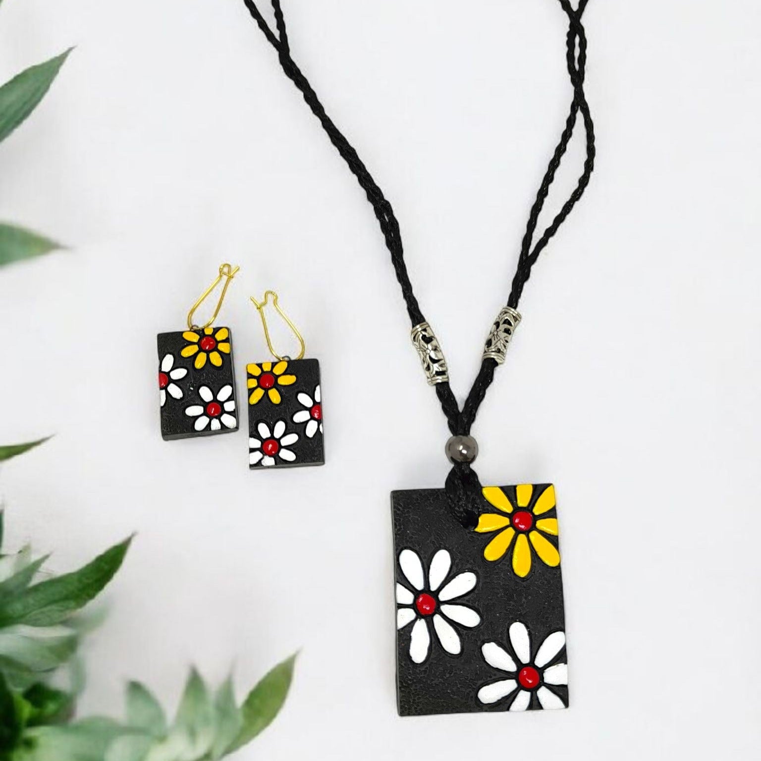Terracotta Jewelry Set Rectangle Handmade Floral Pendent With Earring featuring black base and colorful flower design