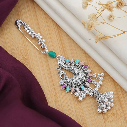 Peacock Saree Pin with Silver-Tone Embellished Design ASTRIA JEWELLERY
