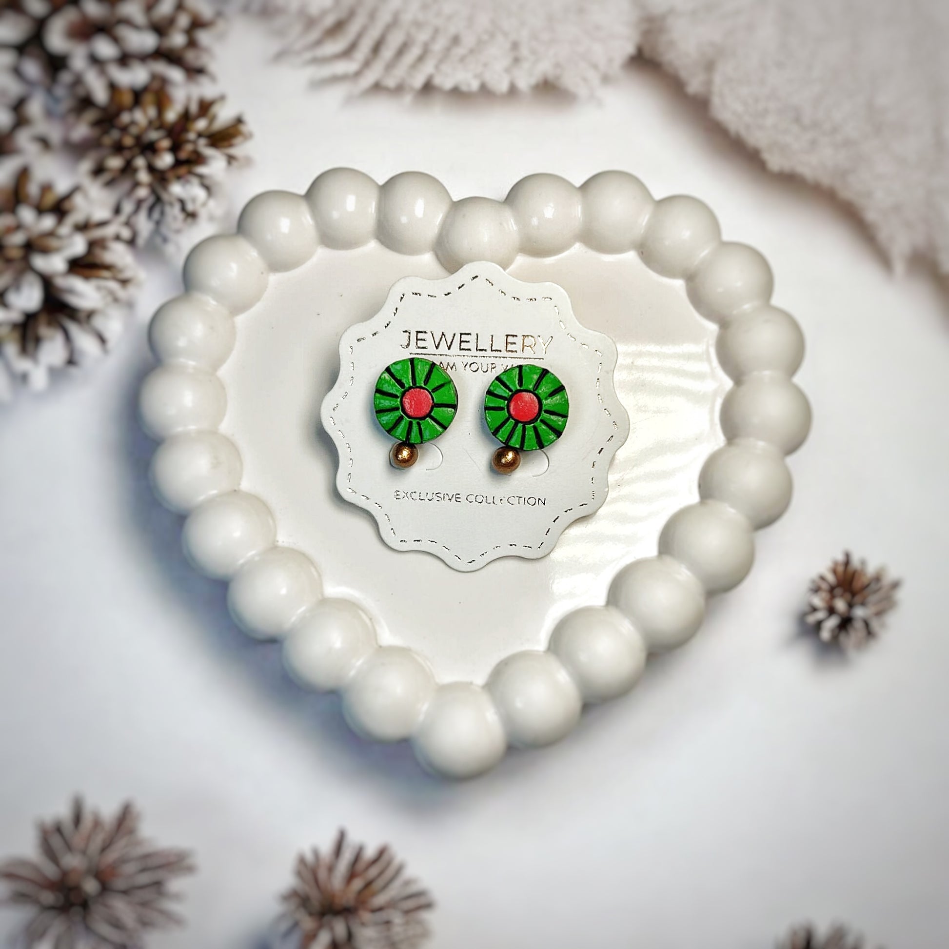 Unique handmade Earrings Green Red, featuring a floral design with green and red accents for special occasions.