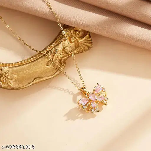 Gold-Plated Pink Bow Pendant Necklace Astria Jewellery