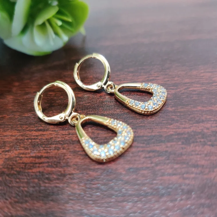 Gold teardrop earrings on a wooden surface with a blurred green plant in the background